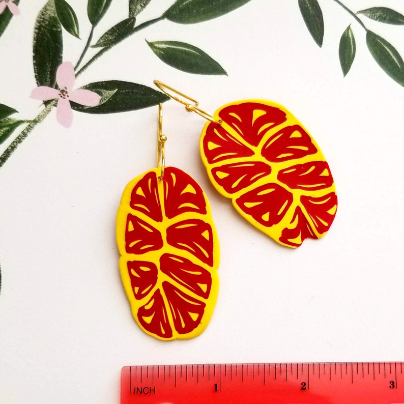Lightweight Earrings HandCrafted HandMade Red and Yellow Polymer Clay Dangle Earrings Leaf Style Earrings HandPainted Art Jewelry