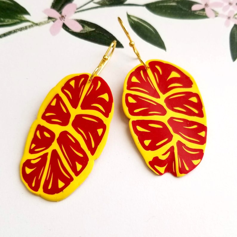 Lightweight Earrings HandCrafted HandMade Red and Yellow Polymer Clay Dangle Earrings Leaf Style Earrings HandPainted Art Jewelry