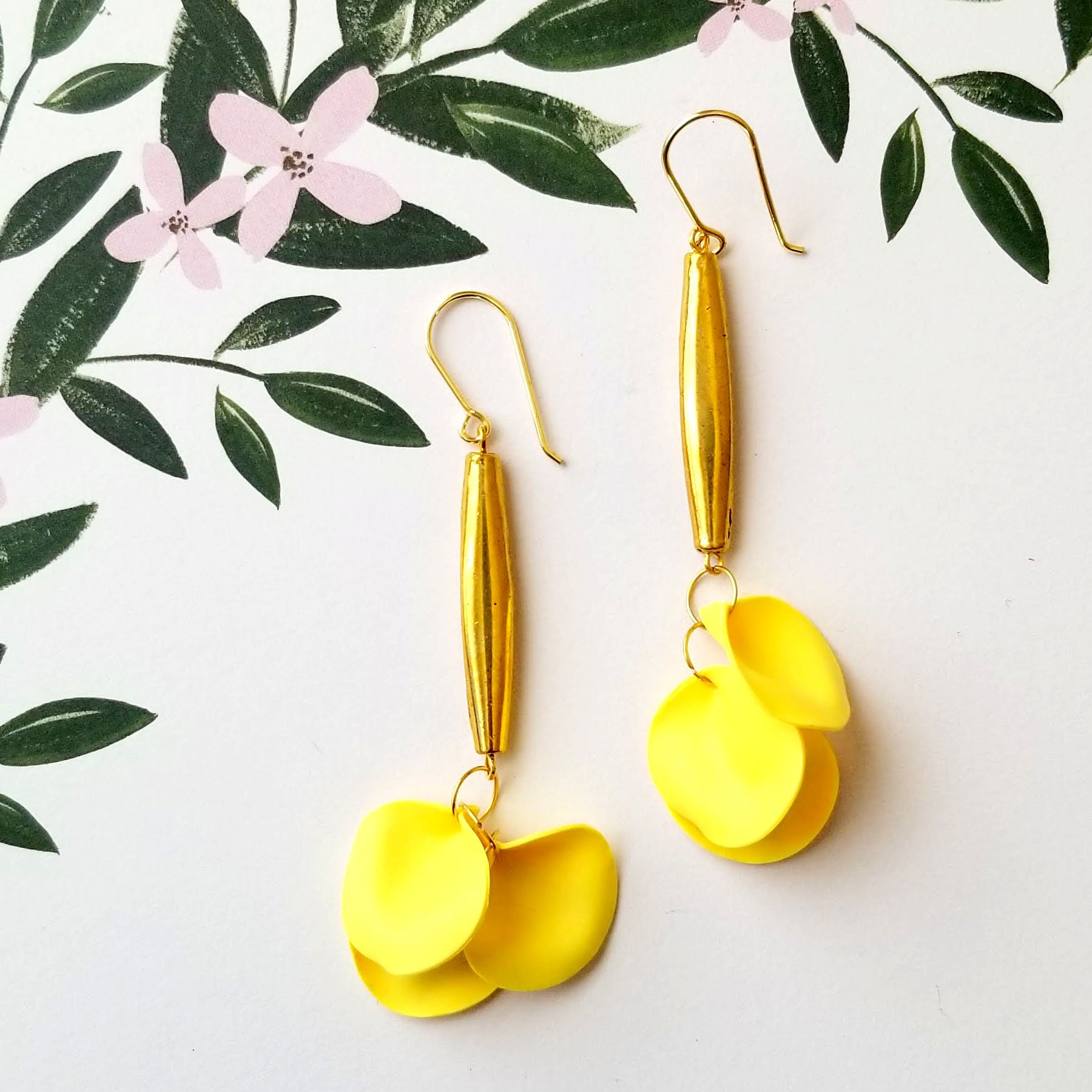 Yellow Handmade Polymer Clay Drop Earrings with a Gold Pewter Etsy