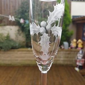 Hand Engraved Champagne Glass with Holly design - can be personalised