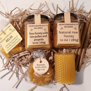 Honey Gift Box, Bee Lovers Basket - beeswax candle, raw propolis, solid lotion, beeswax melts, honey jar, honey with pollen and propolis