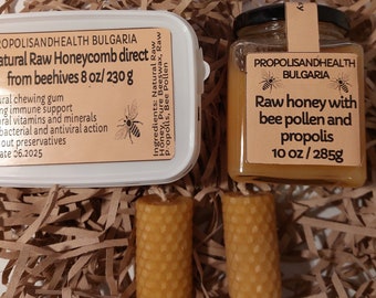 Honey Gift Box - Raw Honey with Bee Pollen and Propolis, Natural Honeycomb, Hand Rolled Beeswax Candles