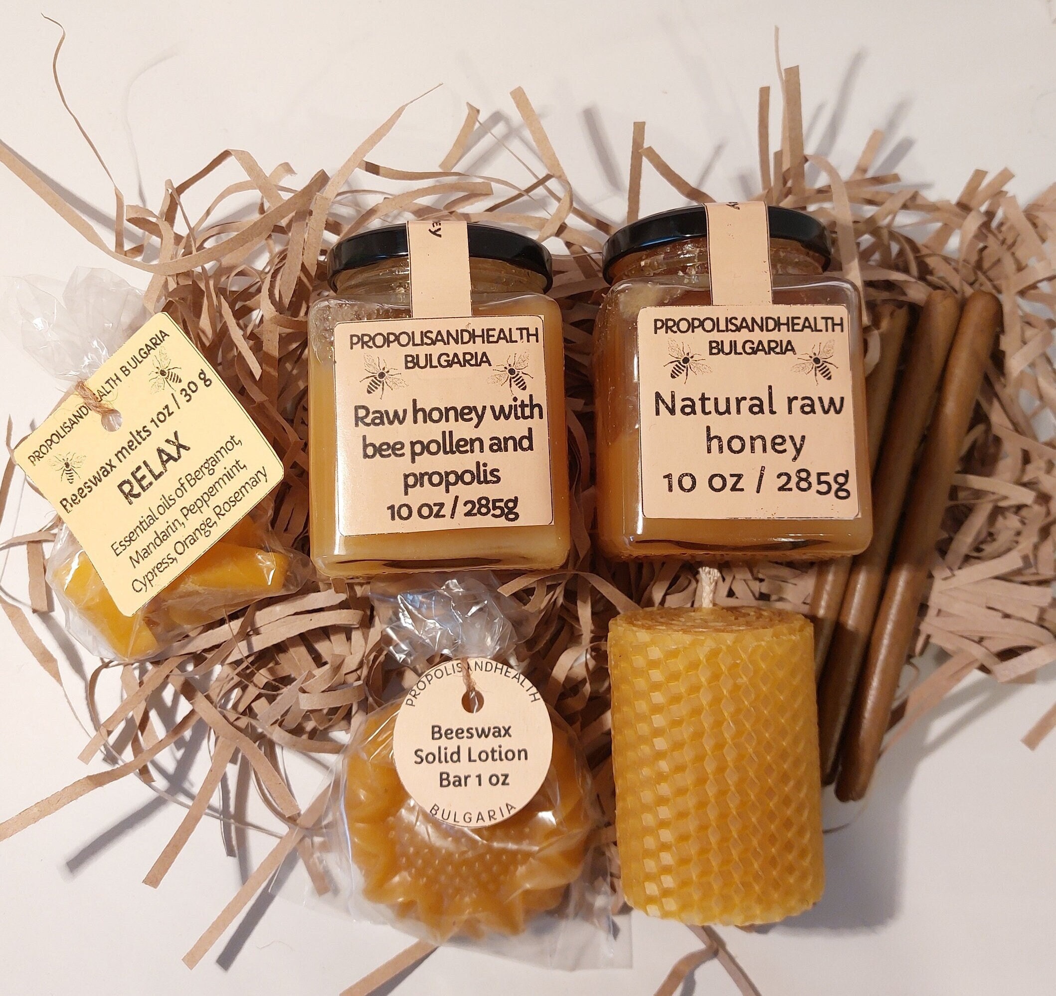 Honey Gift Box, Bee Lovers Basket - beeswax candle, raw propolis, solid lotion, beeswax melts, honey jar, honey with pollen and propolis