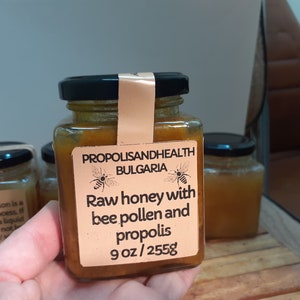 Raw Honey Enriched with Bee Pollen and Propolis 36 oz., Ready to Use Honey Energy Mix Superfood 1000g