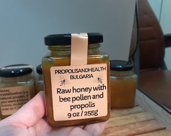 Raw Honey Enriched with Bee Pollen and Propolis 36 oz., Ready to Use Honey Energy Mix Superfood 1000g