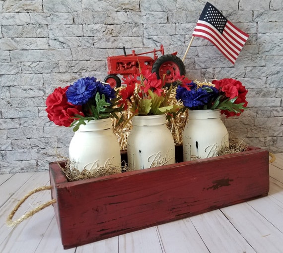 16 inch red rustic centerpiece box, fall table decor, wedding boxes storage, 3 jar box center piece, reclaimed wood, weathered, barn boards