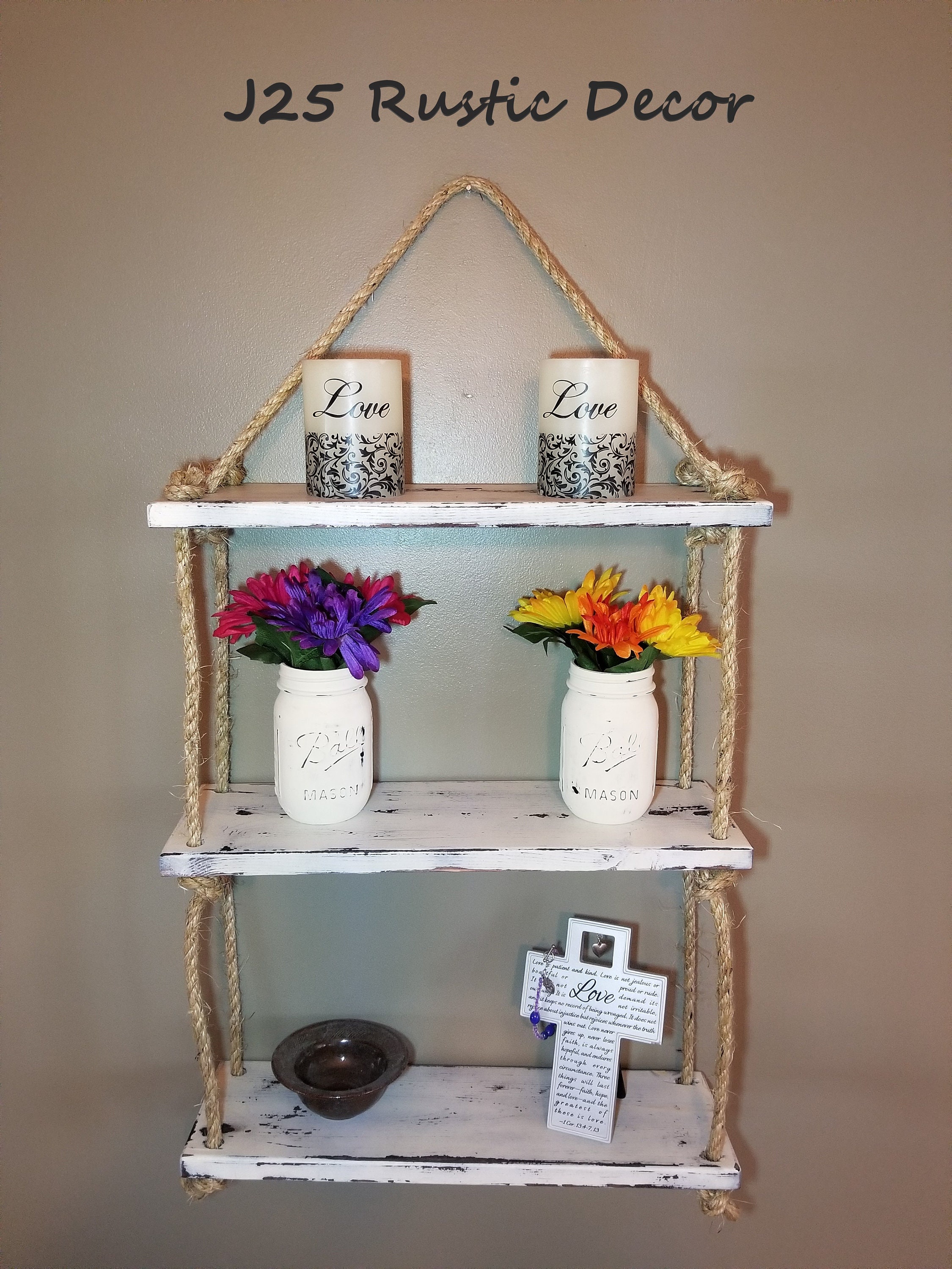 Ladder Rope Shelf 3 Tier Rope Shelf, White Rustic Ladder Shelf, Rustic Rope Shelf, Three ...