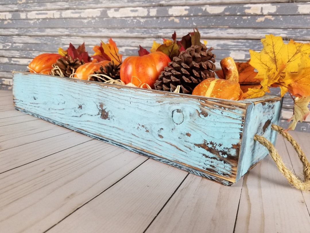 22 Inch Blue Rustic Centerpiece Box for Dining Table, Farmhouse Box, 5