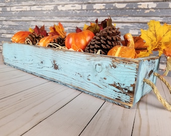 22 inch blue rustic centerpiece box for dining table, farmhouse box, 5 mason jar box, mantel decor, wooden planter, succulent planter gift