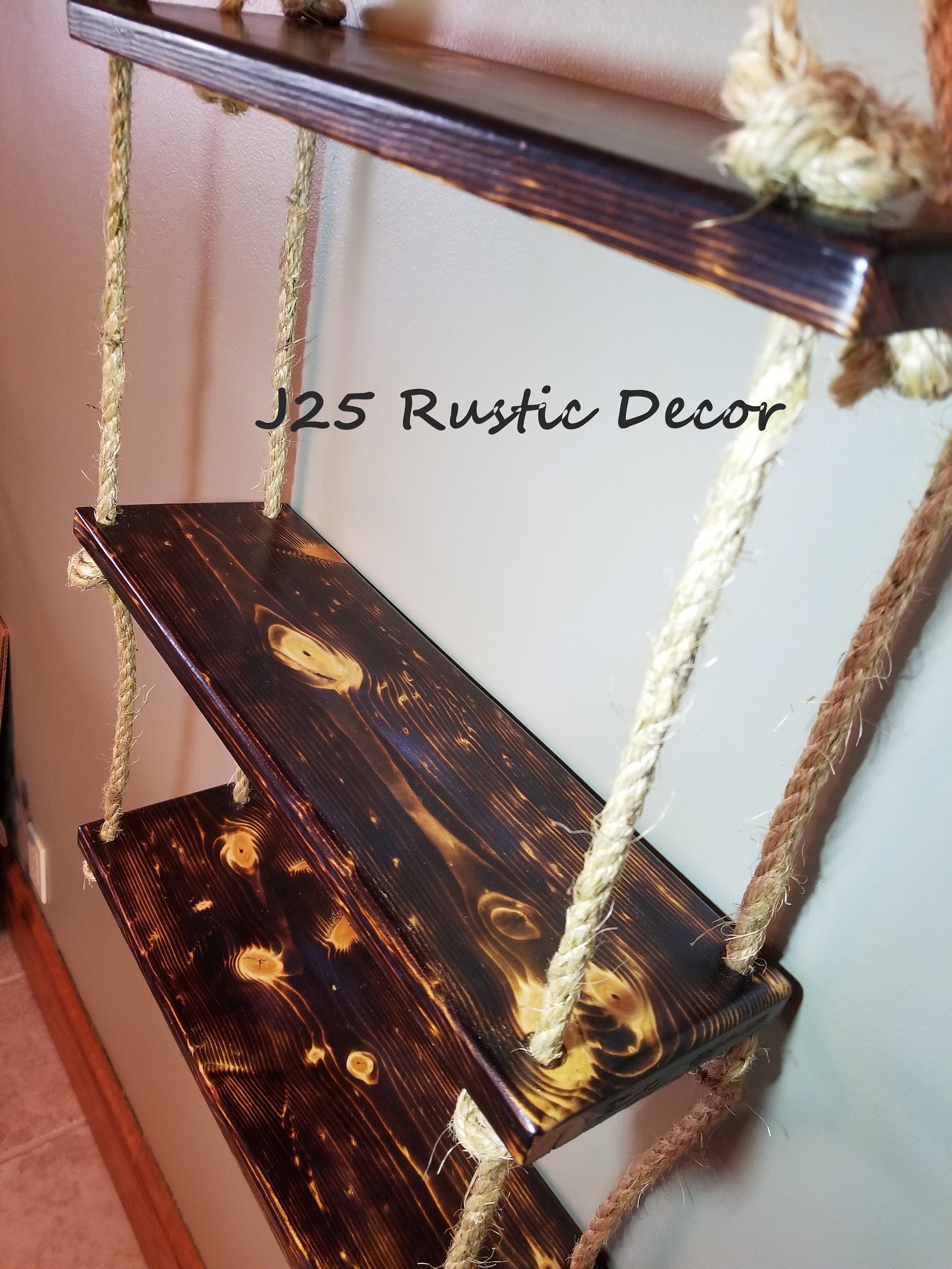 Ladder Rope Shelf Dark Rustic Ladder Shelf, 3 Tier Rope Ladder, Three Layer Rope Shelf ...