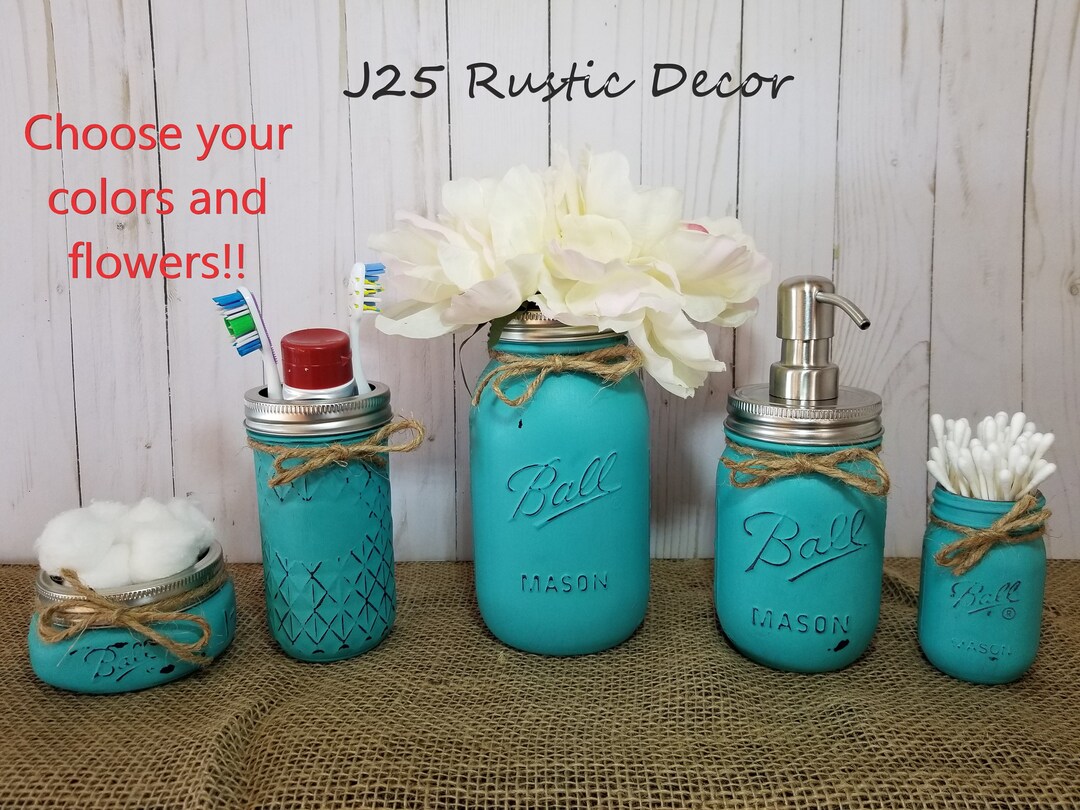 5 Piece Rustic Mason Jar Bathroom Set, Distressed Mason Jar, Home and