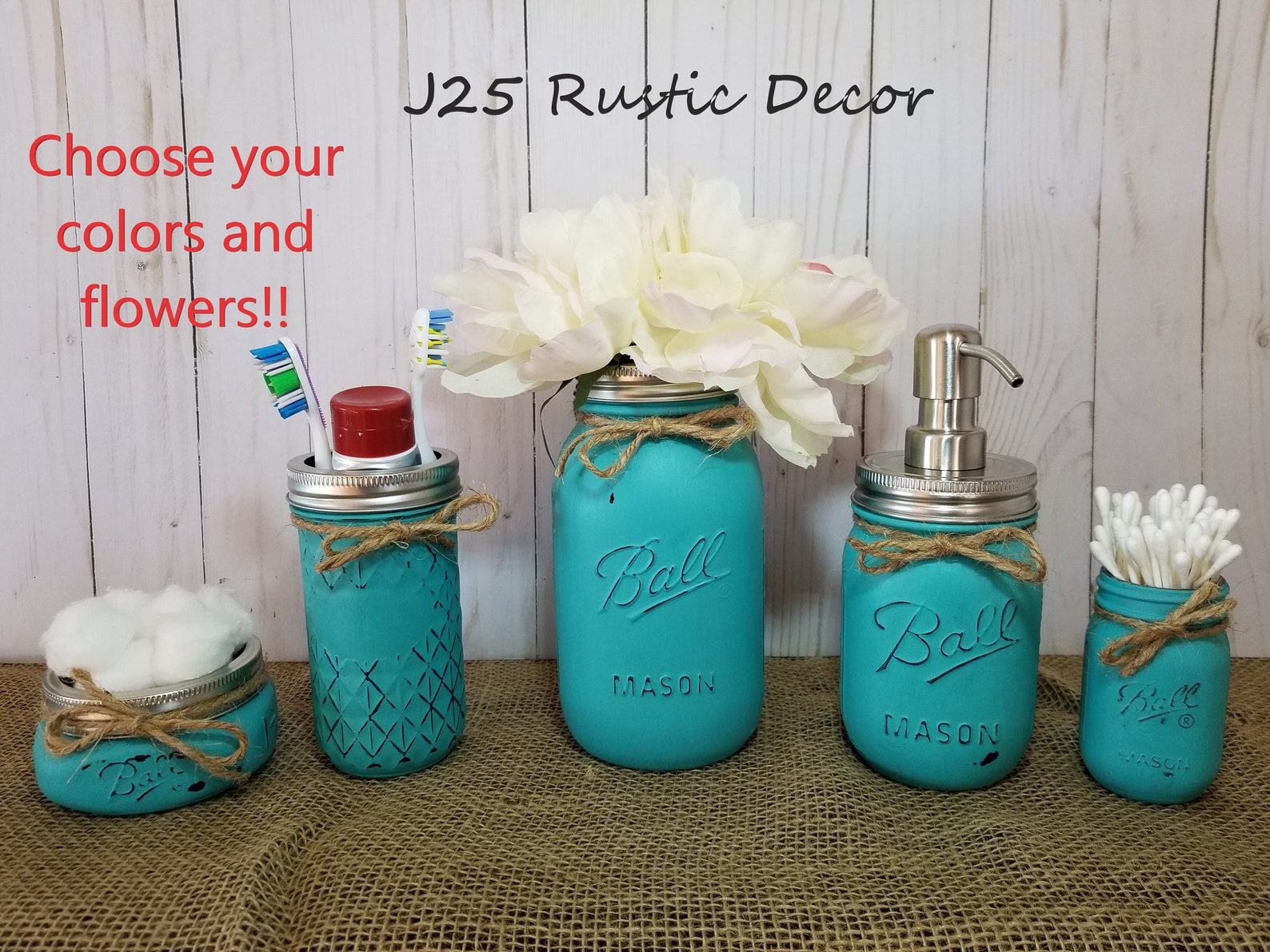 5 Piece Rustic Mason Jar Bathroom Set Distressed Mason Jar Etsy