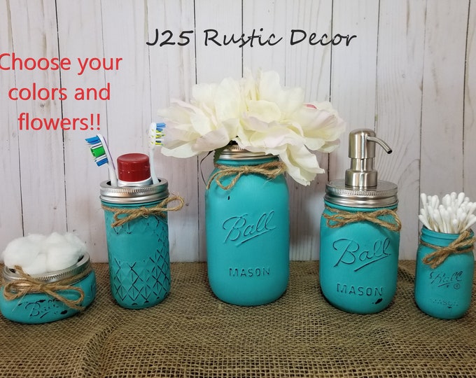 5 Piece Rustic Mason Jar Bathroom Set, Distressed Mason Jar, Home and Living, Rustic