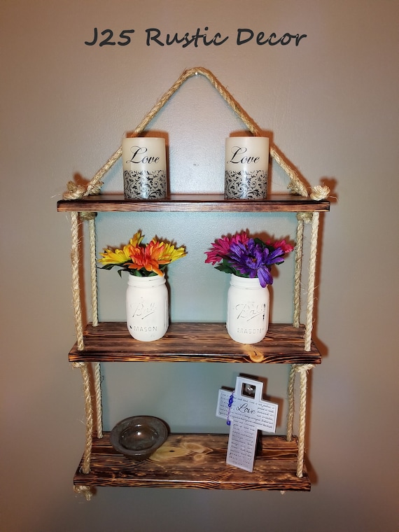 Rustic Rope Ladder Shelf Hanging Rope Display 3 Tier Wall Etsy