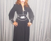 One Off 1940 39 s Style Black Midi Dress with Long Sleeves White Hand Embroidery. Dance Stage Theatrical Flowing A-Line Skirt Puff Sleeves M