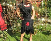 One Off Black Vintage Flamenco Style Dress. Sexy Lace Ruffles. Fitted Wiggle Skirt with Red Floral Spanish Detail Goth Halloween Dance Stage