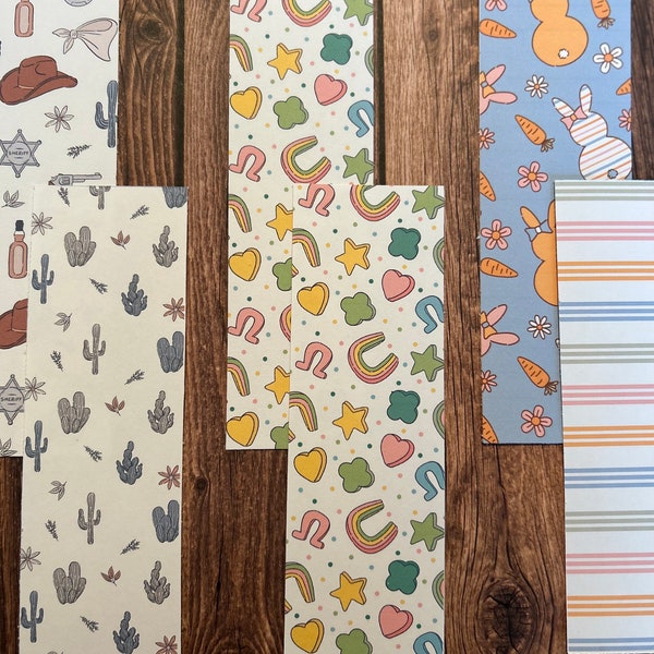Spring 2024 bookmark release, 2x6 laminated bookmarks, cowboy, cowgirl, lucky charms, Irish, st Patrick’s day, Easter, bunny, peeps, carrots