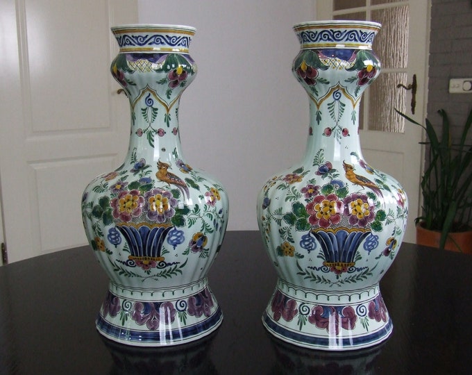 Plateelbakkerij Zuid-Holland (PZH) pair of very large handpainted Delft polychrome 'garlic-neck' vases