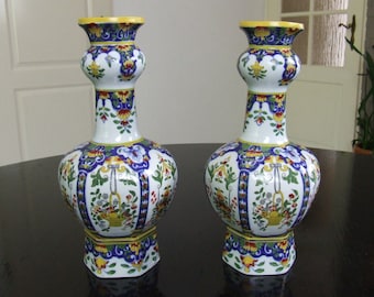 Mosa Maastricht pair of Rouen style transferware + handpainted porcelain vases