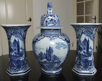 Mosa Maastricht large transferware Delft style porcelain garniture set with castle decor