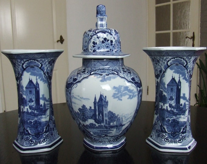 Mosa Maastricht large transferware Delft style porcelain garniture set with castle decor