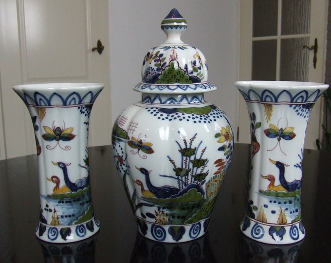 Tichelaar Makkum 3-piece Delft Chinoiserie style garniture set