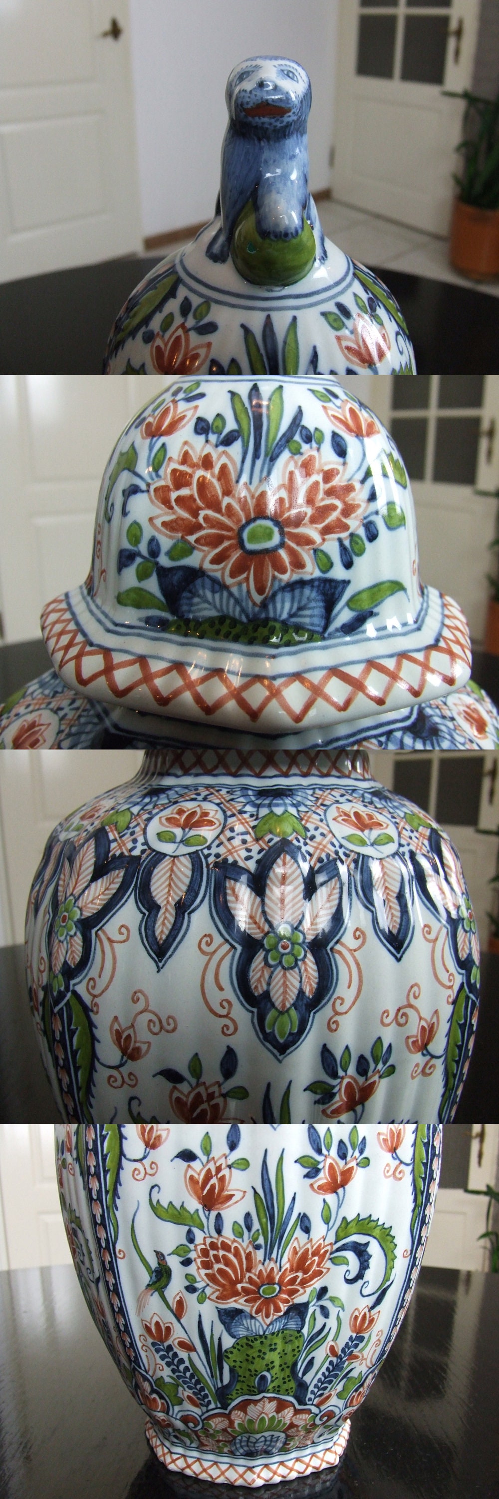 Antique Rare Delft Polychrome Hand-painted Lidded Vase
