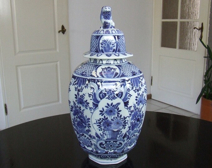 Boch Frères Keramis very large antique handpainted Delft style covered vase with glazing artefacts