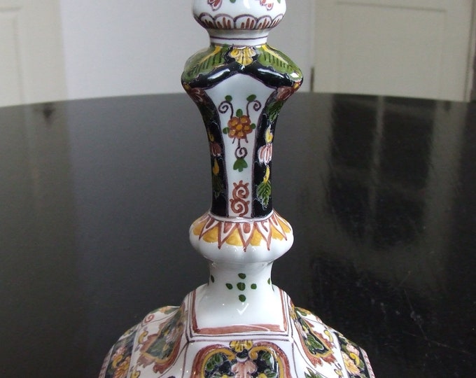 Tichelaar Makkum large handpainted polychrome candlestick / candle holder (black) - No. 2 of two