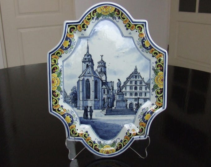 De Porceleyne Fles Delft handpainted wall plaque Schillerplatz Stuttgart and multicolour edge - RESERVED for Marcus