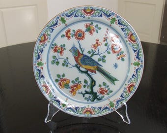 Tichelaar Makkum medium sized handpainted Delft chinoiserie style dish with parrot / parakeet (tin glaze)