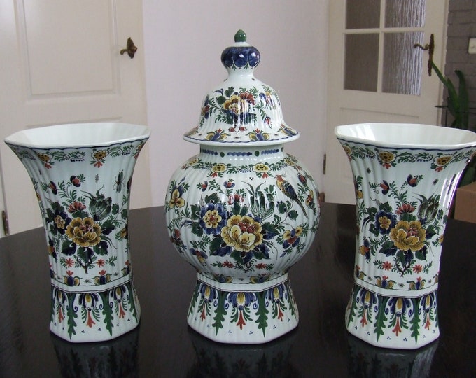 De Porceleyne Fles large handpainted polychrome Delft garniture set