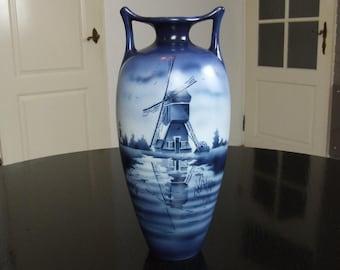 Société Céramique Maastricht large spray painted Breetvelt style vase with windmill decor