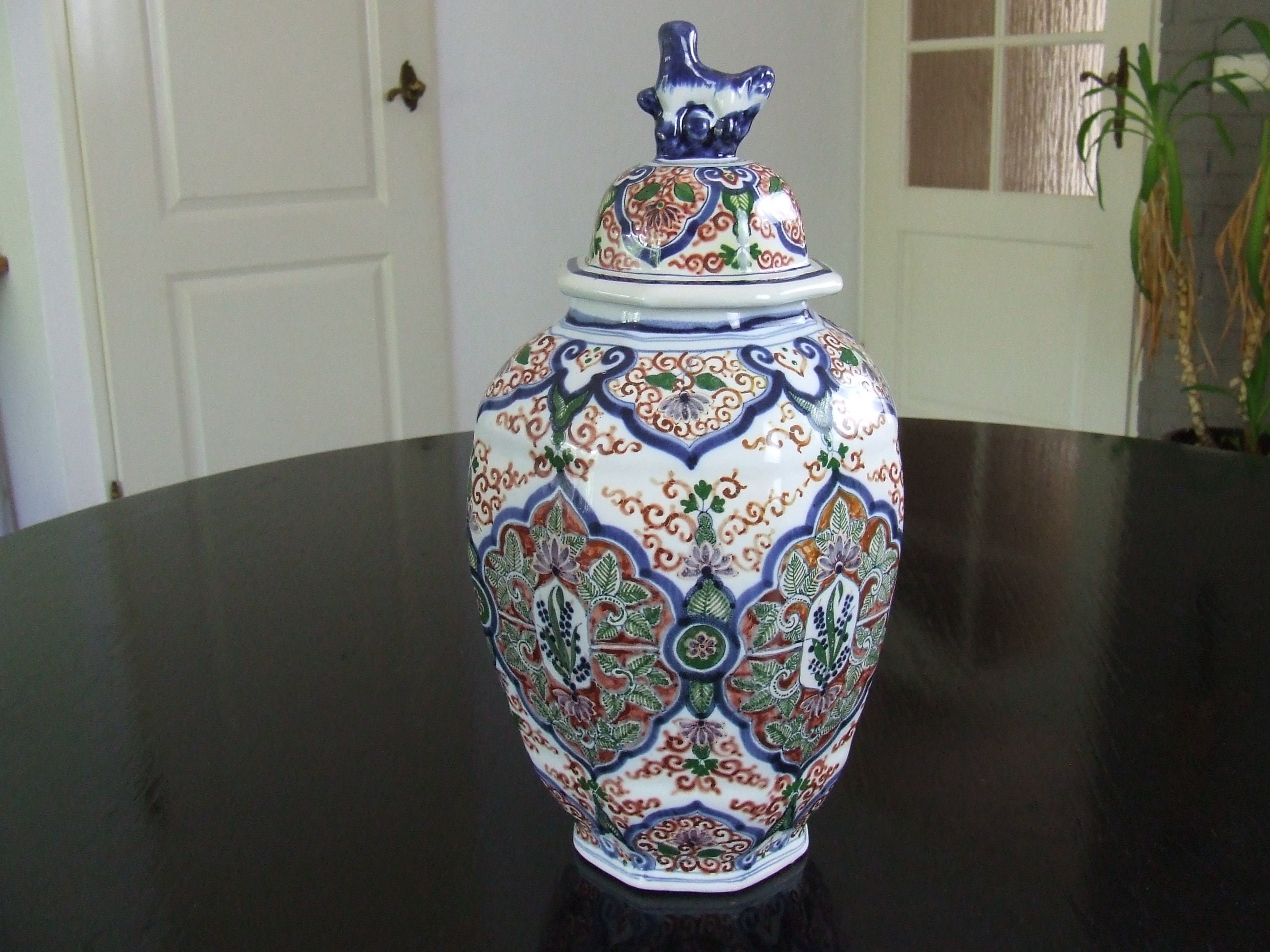 Boch Frères Keramis large antique handpainted Delft style covered vase