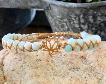 Gold OM Charm Bracelet Yoga and Meditation Inspired AAA Amazonite Gemstone String Braided Bracelets