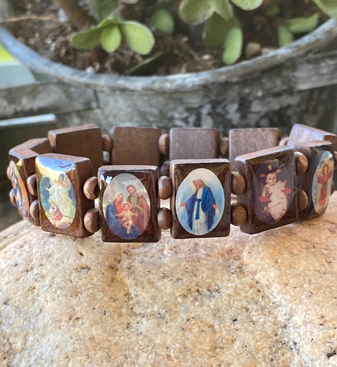 Saints Stretch Bracelet Brown Wood Bead Spacers Catholic Religious Figures