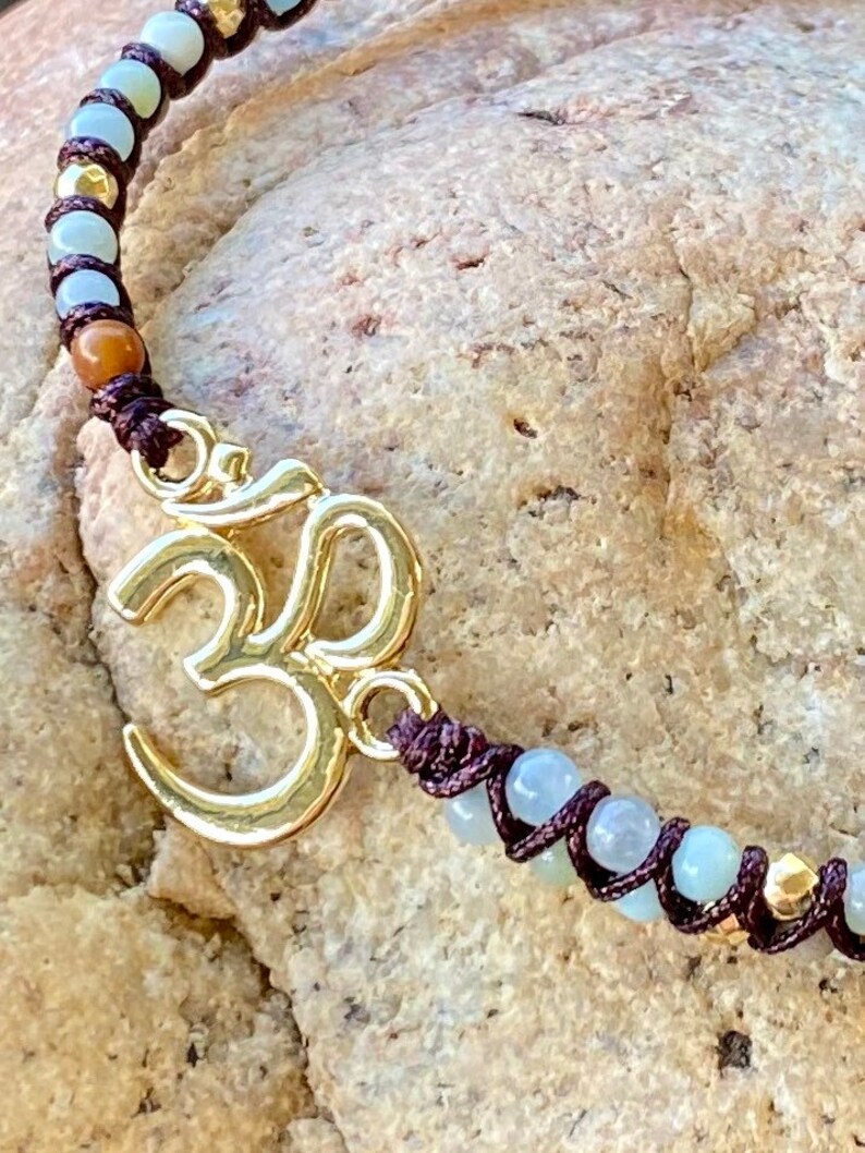 Gold OM Charm Bracelet Yoga and Meditation Inspired AAA Amazonite Gemstone String Braided Bracelets