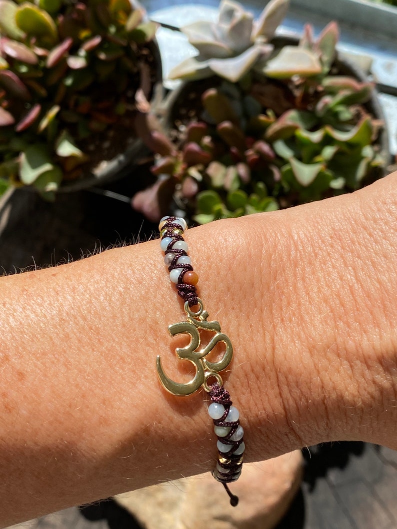 Gold OM Charm Bracelet Yoga and Meditation Inspired AAA Amazonite Gemstone String Braided Bracelets