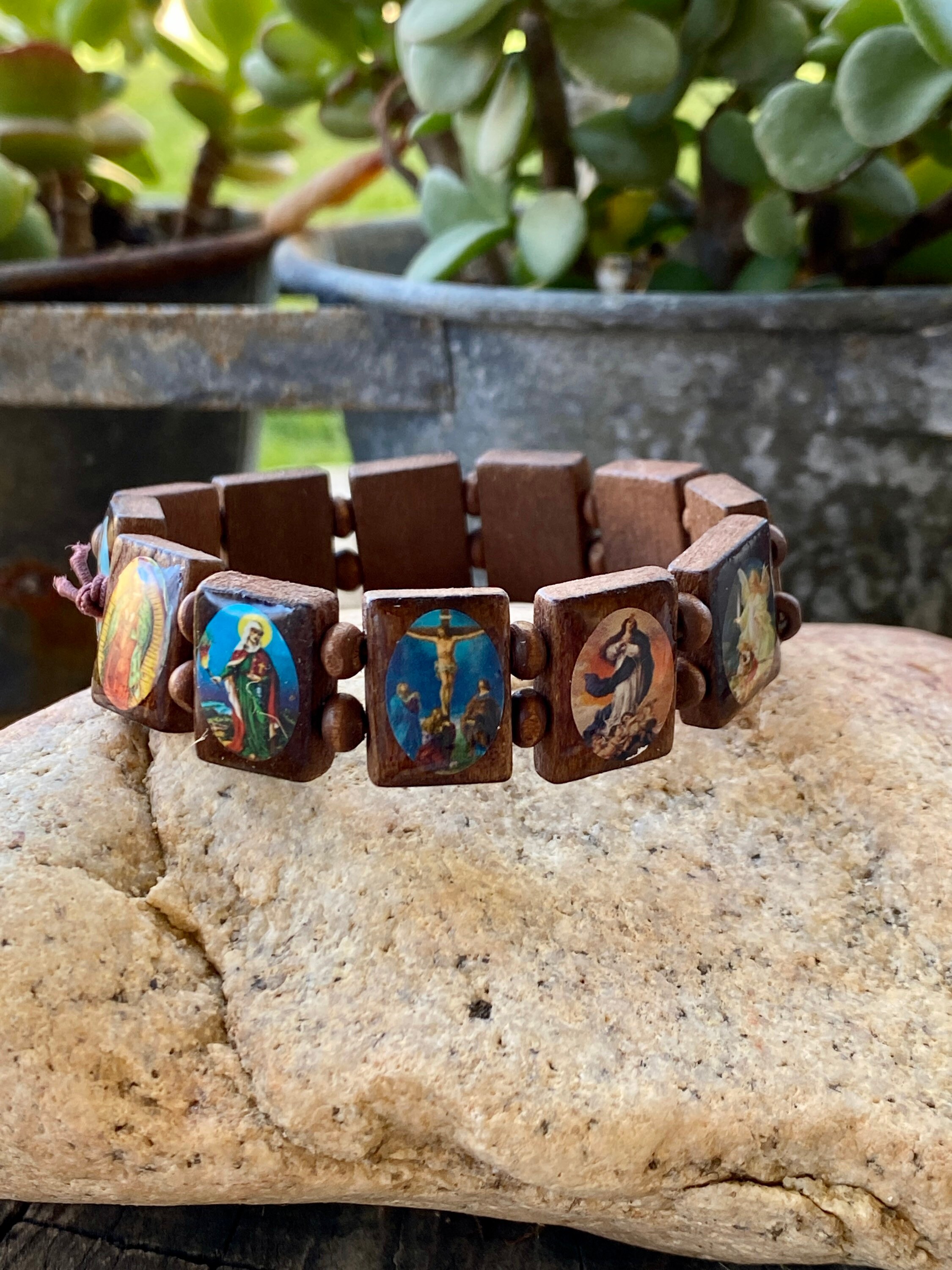 Catholic bracelet Medjugorje in olive wood, tau, dove-gray cord, Tears Job  | online sales on HOLYART.com