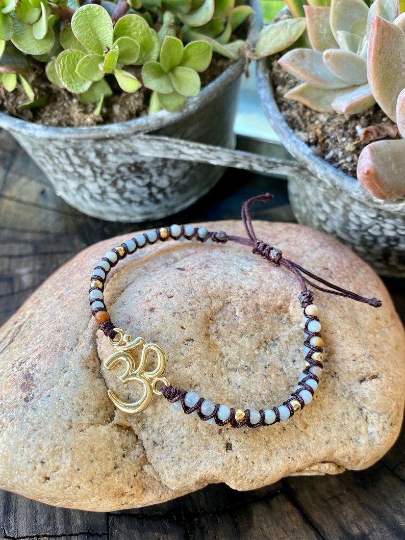 Gold OM Charm Bracelet Yoga and Meditation Inspired AAA Amazonite Gemstone String Braided Bracelets