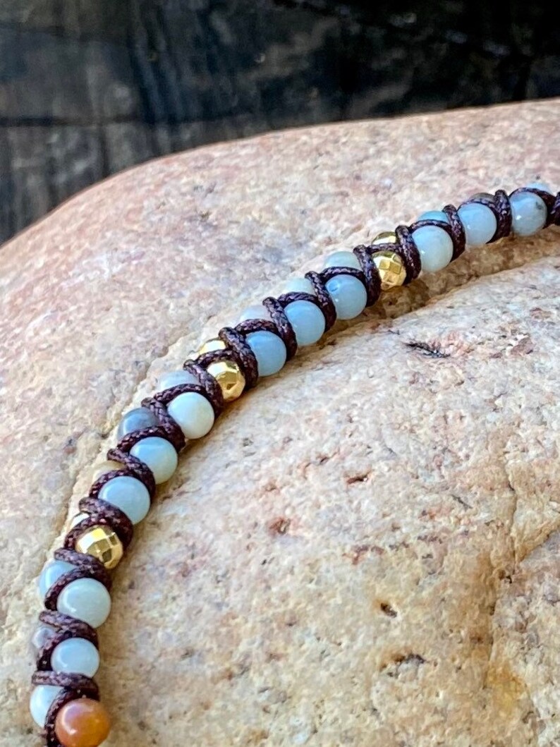 Gold OM Charm Bracelet Yoga and Meditation Inspired AAA Amazonite Gemstone String Braided Bracelets