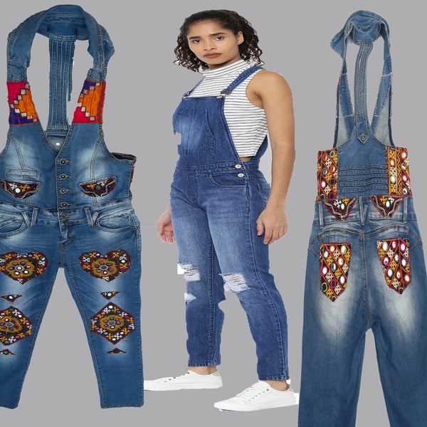 Girls women Embroidered dungarees denim Banjara denim dungarees with vintage Indian Banjara embroidery & Mirror work ,