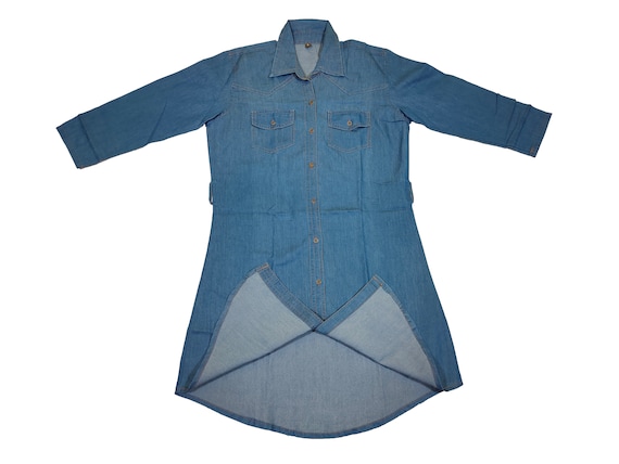 chinese dress ladies Tiered Button Up Long Sleeve Denim Dress Medium / M