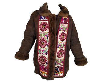 Vintage leren jas met banjarabont, geborduurde Kutchi, handgemaakte etnische jas