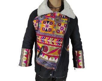 Banjara leather jackets Fur jacket kutchi Multi color embroidered ,  Antique banjara Ethnic Handmade Jacket Vintage hand Embroidery Work