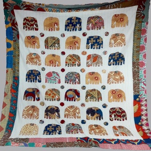 indian traditional handmade gujrati embroidery bedsheet Stylized Elephants,Handmade Bed sheet handcrafted Unique ethnic look Applique Design