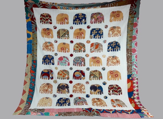 Handmade Embroidery work Unique Patchwork Elephant Design Hand Stitch Bed Cover Jeepsy Banjara Ethnic Tapestry Art