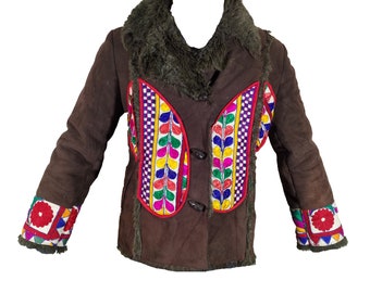 Banjara leather jackets Fur jacket kutchi Multi color embroidered ,  Antique banjara Ethnic Handmade Jacket Vintage hand Embroidery Work