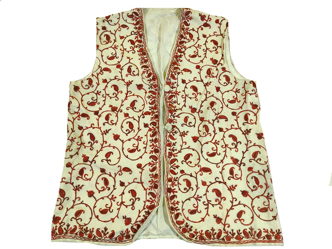 Kashmiri Jacket Sleeveless , Vintage Kashmir Embroidered Wool Jacket