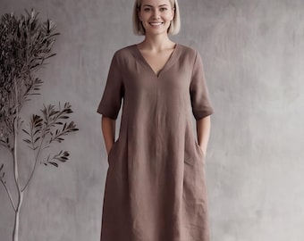 Linen Dress V Neck Collar Half Sleeve Pleated A Line Checked Knee Length Dress with Pocket